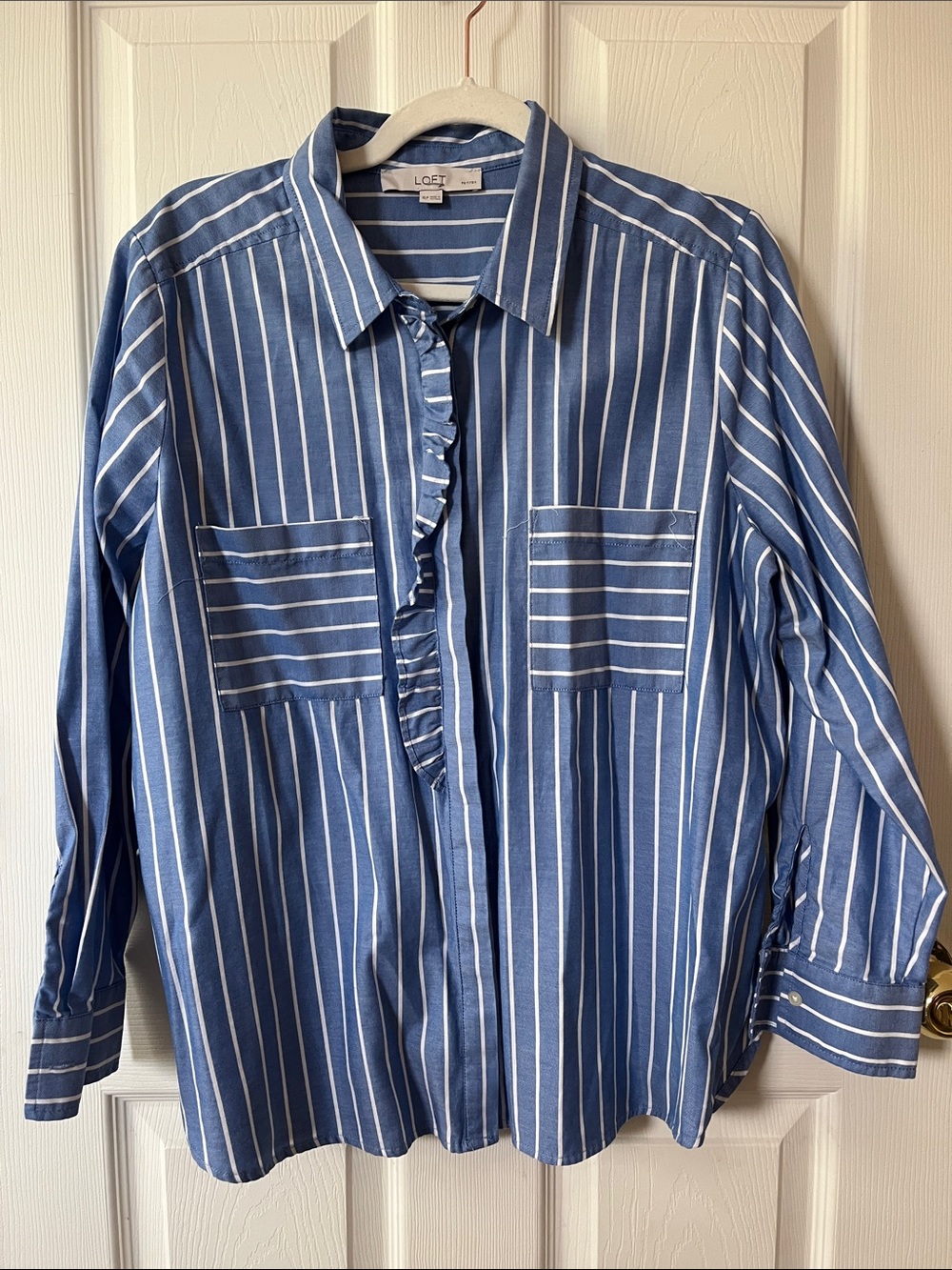 LOFT Soft Blue and White Vertical Stripe Ruffle-Front Shirt
